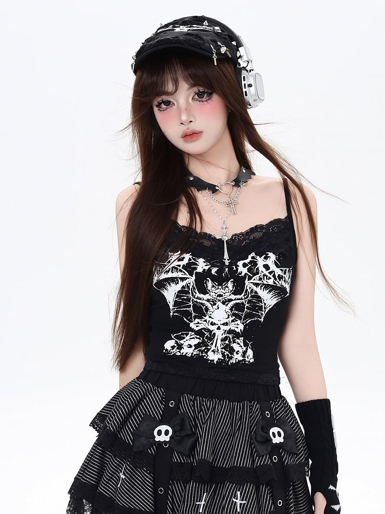 Gothic Black V-neck Bat Print Glamorous Cami Top