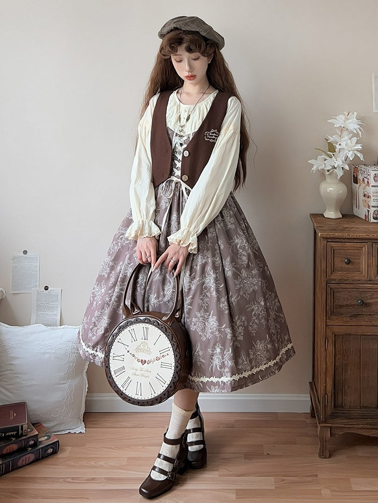 Brown & Beige Rosette Print Long-sleeved Elegant Classic Lolita Dress