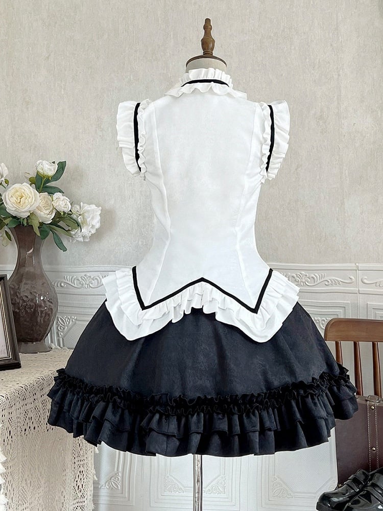 Vintage Elegant Sleeveless Lolita Top & Bow Pearl Accent Skirt Outfit in Black & White - Xiong Dou Jiang