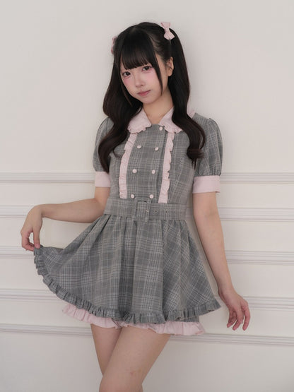 Gray Plaid Dress with Belt and Shorts Set - No Genki