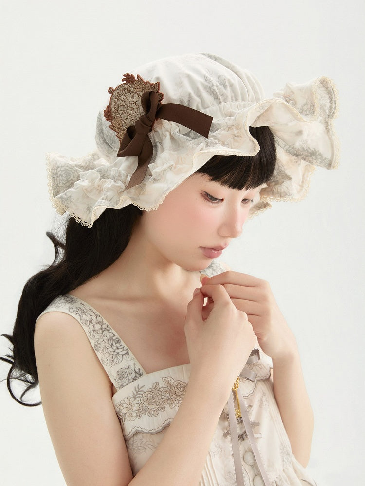 Lolita Floral with Blue/Brown/White/Light Ruffled Hat Brown Pattern Bow