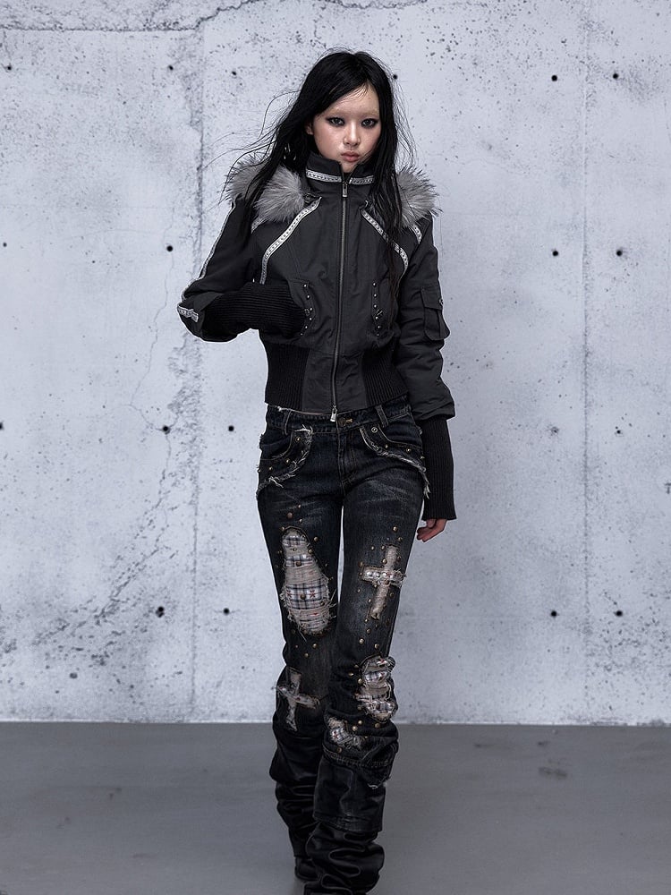 with Punk Grey Jacket Wasteland Dark Accents Design Studded Hoodie Pocket