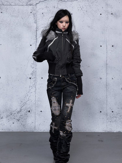 with Punk Grey Jacket Wasteland Dark Accents Design Studded Hoodie Pocket