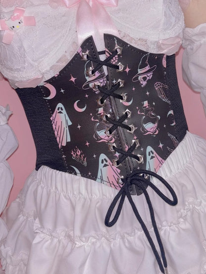 Und Taille Gyaru Fashion Moon Y2K Skelett Schwarz Schnürung PU Print Stern Geister Gürtel Details