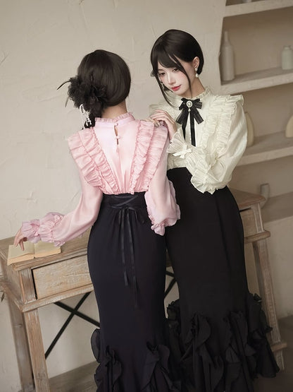 Pink Long Sleeve Blouse & Black Mermaid Skirt Boned Waist Lolita Dress - With PUJI