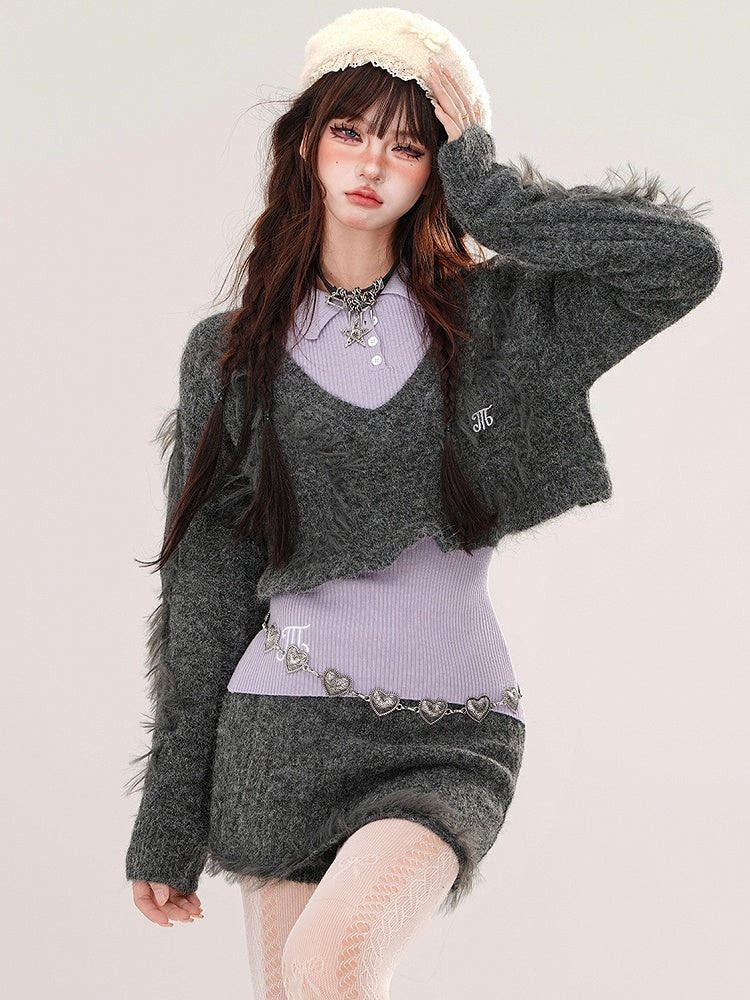 Grey V-neck Cropped Sweater + Purple Knit Top + Grey Mini Skirt Set