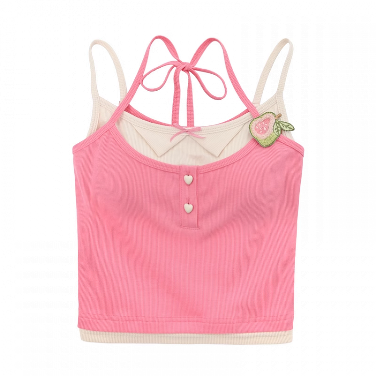 ピンクのグアバアップリケ付きセルフタイホルターネックトップフェイクツーピース