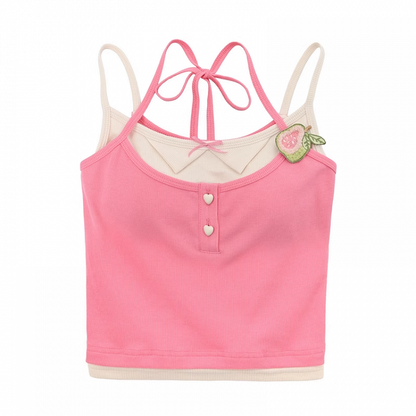 ピンクのグアバアップリケ付きセルフタイホルターネックトップフェイクツーピース