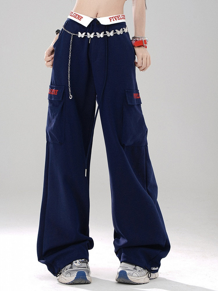 Klein Blue Wide-Leg Pants with Lettered Pocket Flaps and Foldover Waistband