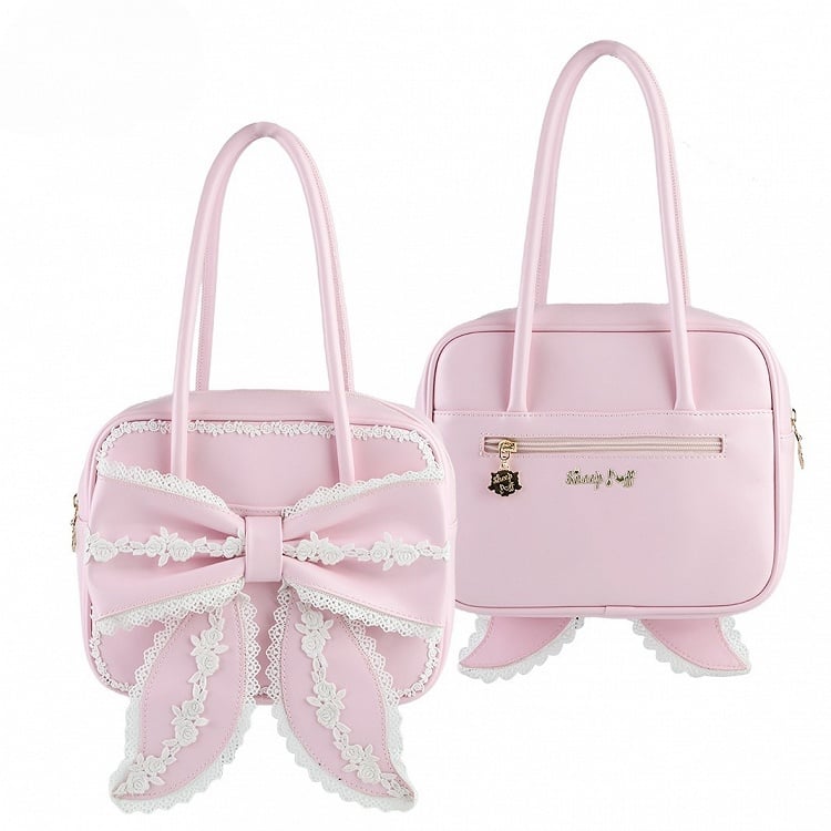 Old Square School Lace und mit PU Lolita Pink Umhängetasche Schleifendetails