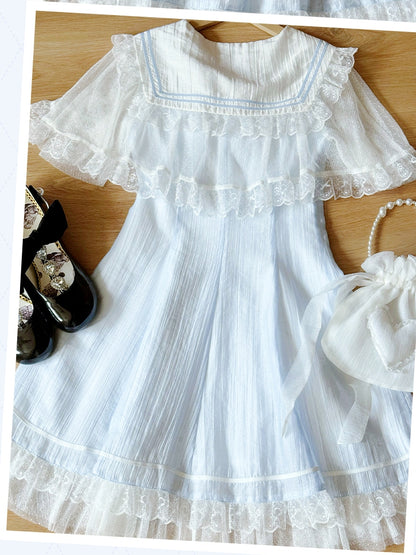 with Cape Light Blue Jirai Kei Sailor Collar Lace Dress Design Bowtie