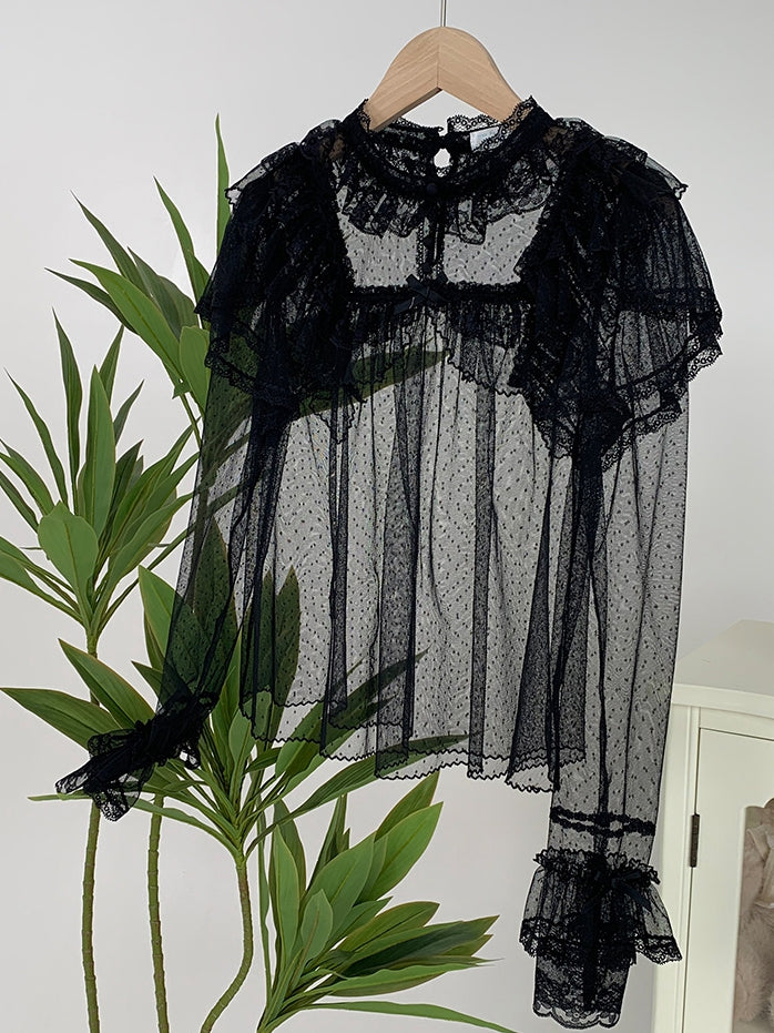 Dots Long Top Tulle Sleeves Black Sheer Lace