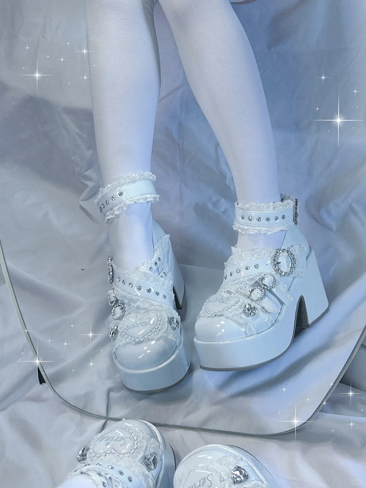 Details Plateau Strass Riemen Jirai Spitze Criss-Cross Kei mit Heels: Kaiwai Hellblau Schnalle Tenshi