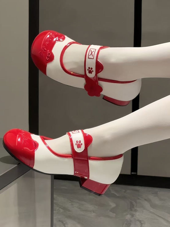Design Sweet Paw Lolita Stitching Round Toe Shoes Velcro Red Ear with Cat Low-heel