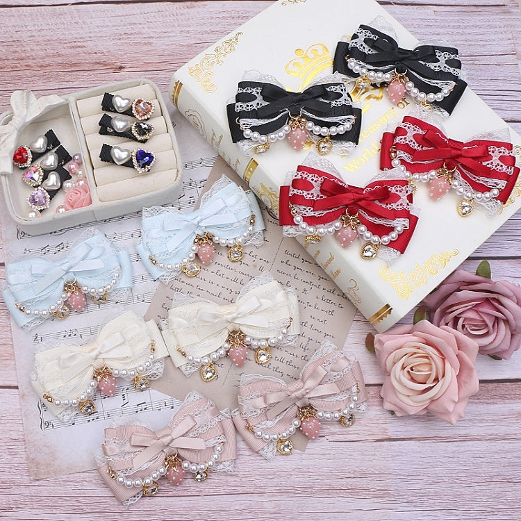 Kei Pearl Color Chian Hairclips Jirai Charm Strawberry Set Options 6 Bowknot