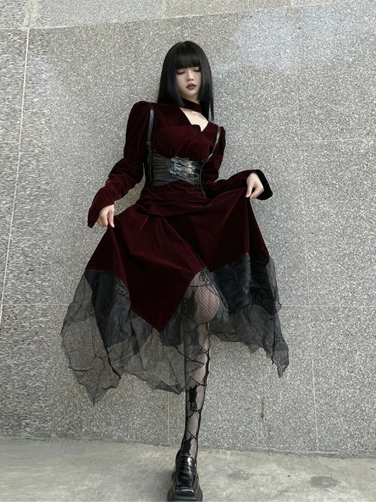 Gothic Wine Red Velvet Handkerchief Hem Midi Length Dress