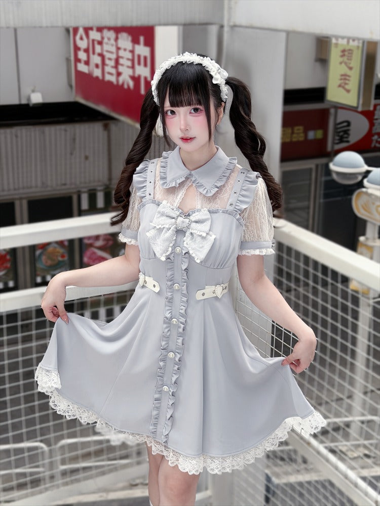 Light Blue Fake Two Piece Lace Patch Short Sleeve Dress - Puppet Bombs