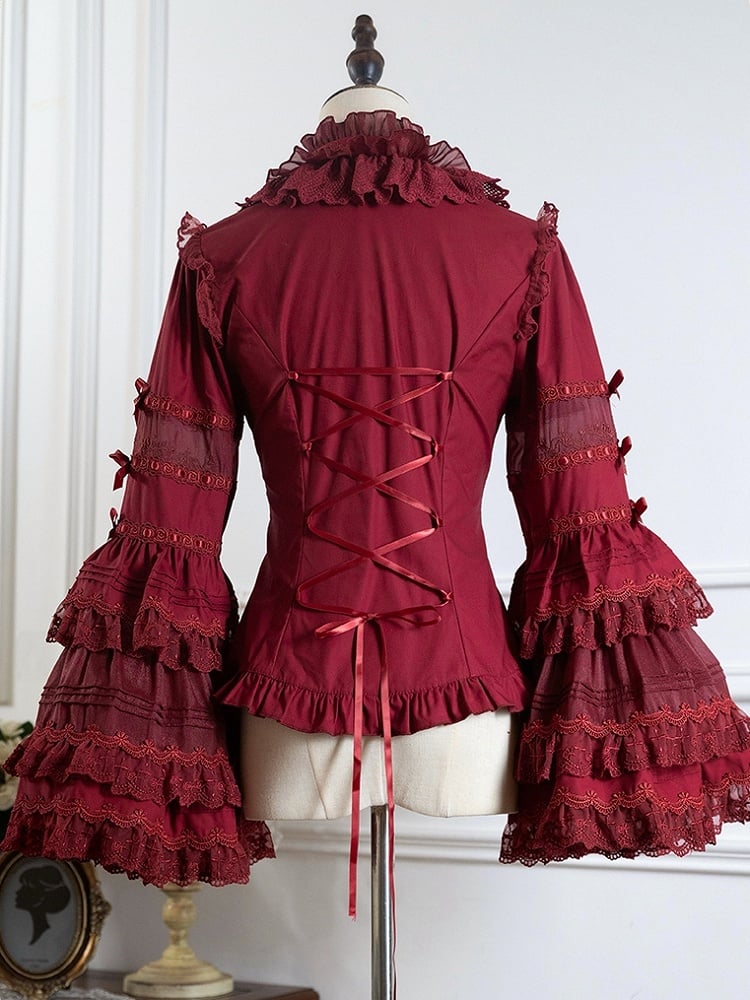 Neckline Ruffle Red Blouse Wine Layered Sleeves Bell