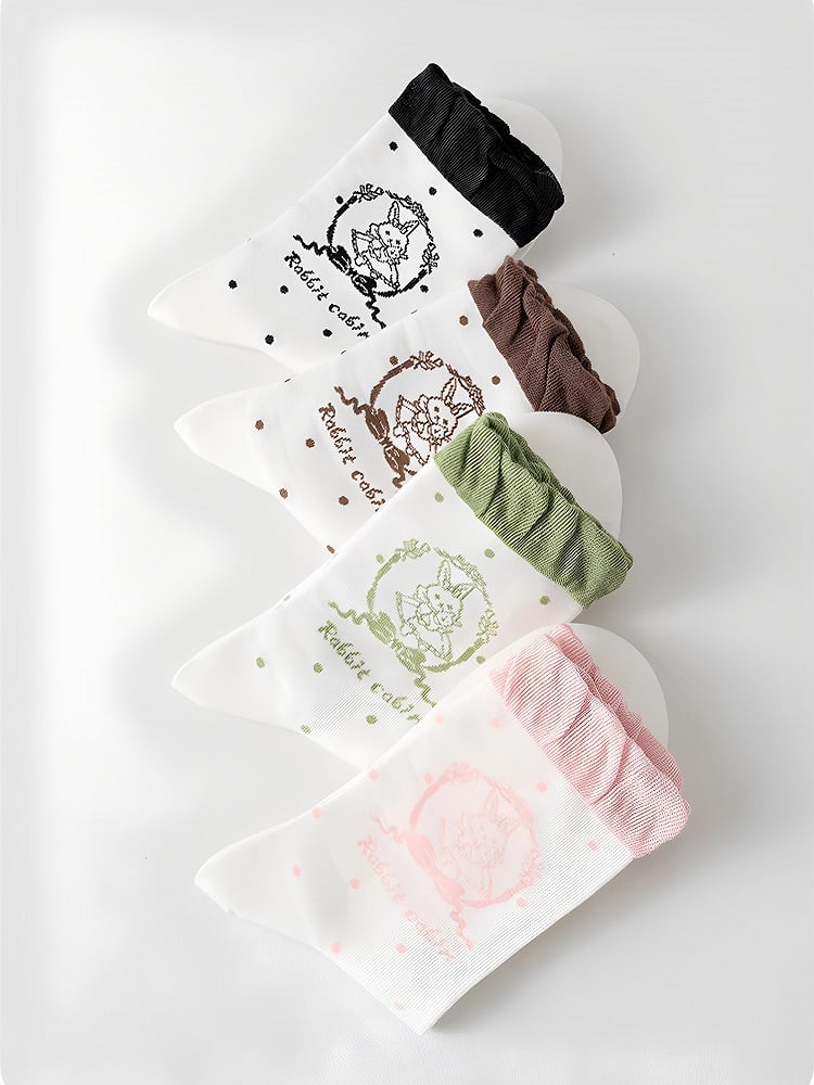 Polka-dot Mint Green/Pink/Black/Brown Print Stock Pattern Ruffled Bunny Calf Lolita