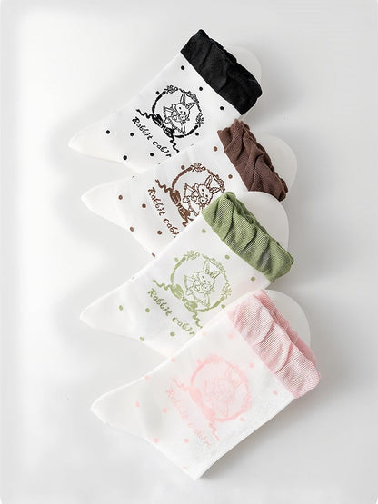 Polka-dot Mint Green/Pink/Black/Brown Print Stock Pattern Ruffled Bunny Calf Lolita