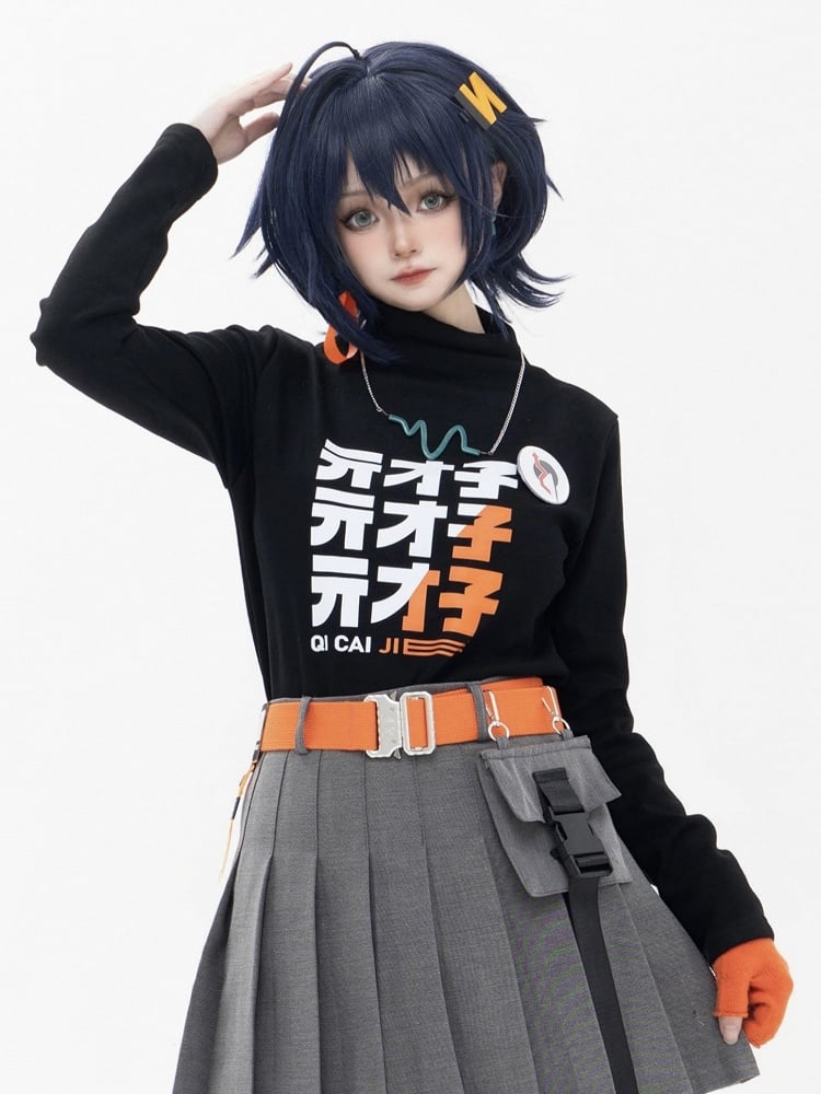 Black Letter Top Gradient White Neck Orange With Print Mock