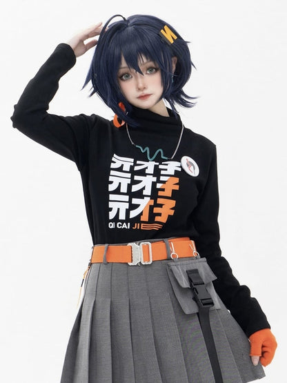 Black Letter Top Gradient White Neck Orange With Print Mock