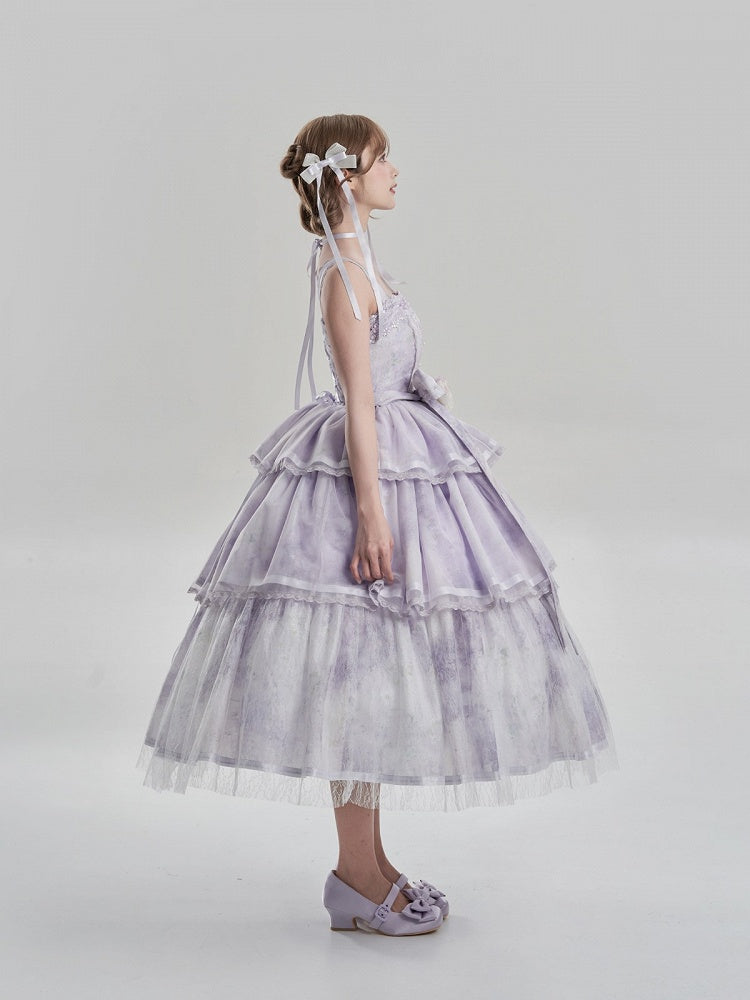 Oil Dress Painting and with Tiered Purple Lolita JSK Print Hem Embroidery Detail