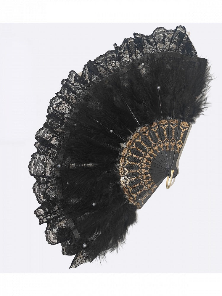 Ornate Lace Feather Fan in Black