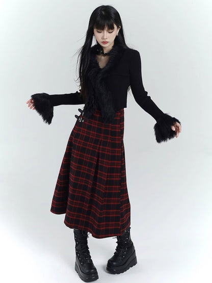 Gothic Black V-Neck Plush Trim Slim-fitting Knitted Sweater