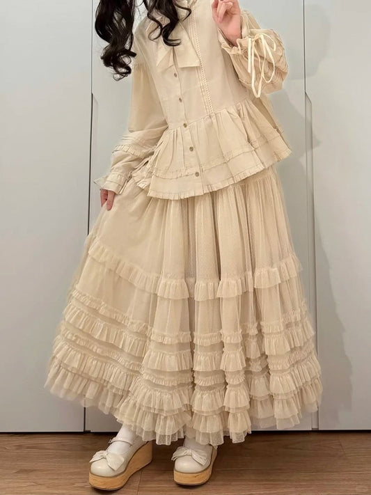 Multi-Layer Skirt Tulle Beige Elegant Hem Ruffled Loose Lolita