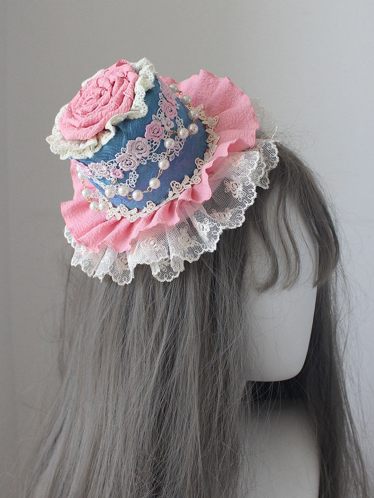 Lace Floral Mini Beaded Trim Decorated BluePink/Pink Hat