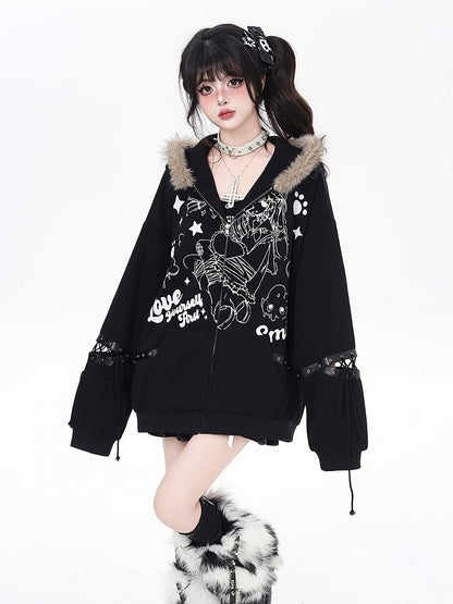 Collar Fur Punk Faux Detail with Lace-Up Coat Khaki/Black Loose