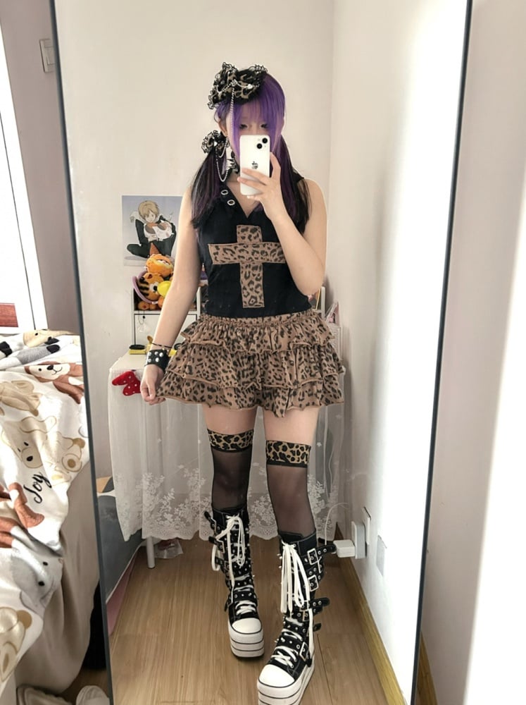 Y2K Stufenrock mit Leopardenmuster