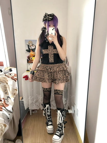 Y2K Stufenrock mit Leopardenmuster