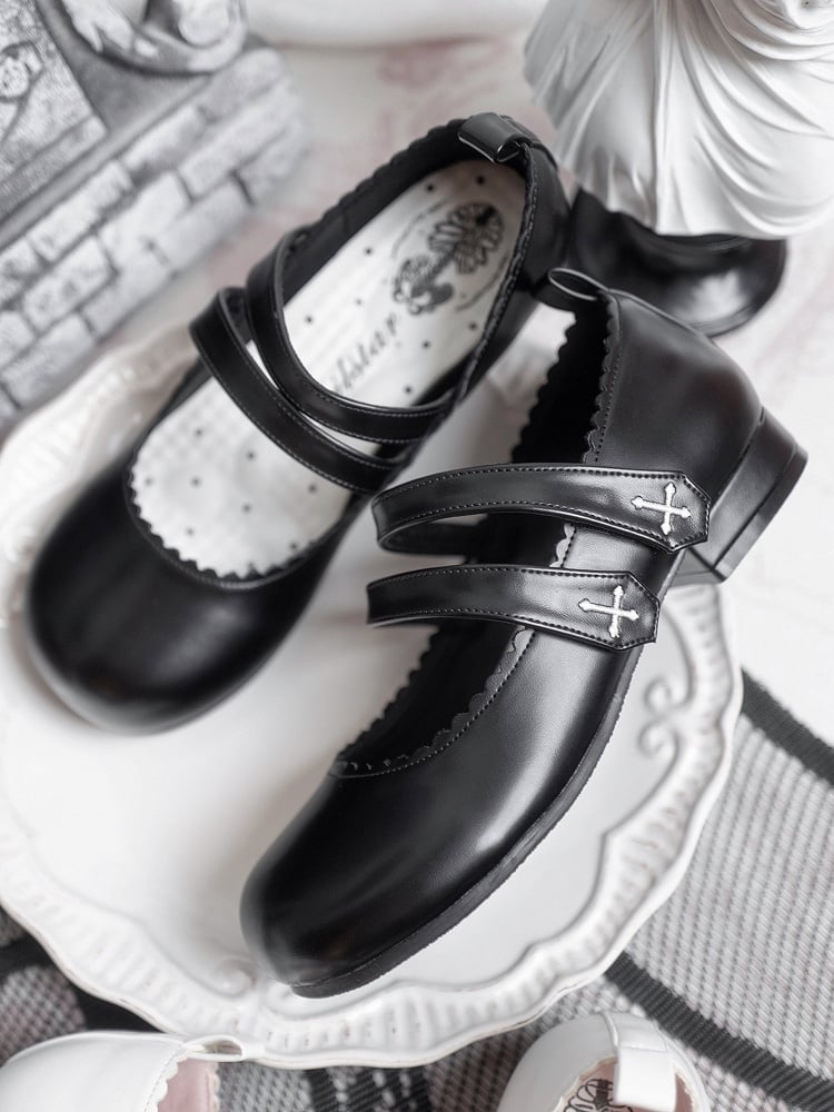 Flats Strap Embroidery Velcro Round Black Toe Cross Gothic Closures