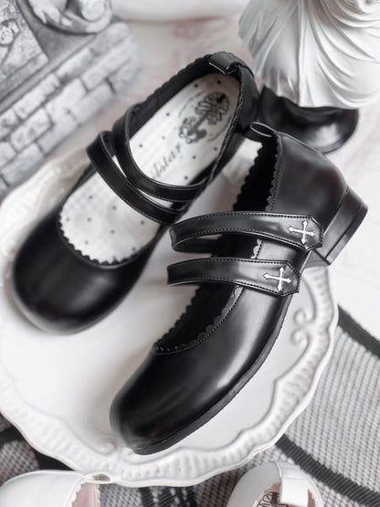 Flats Strap Embroidery Velcro Round Black Toe Cross Gothic Closures