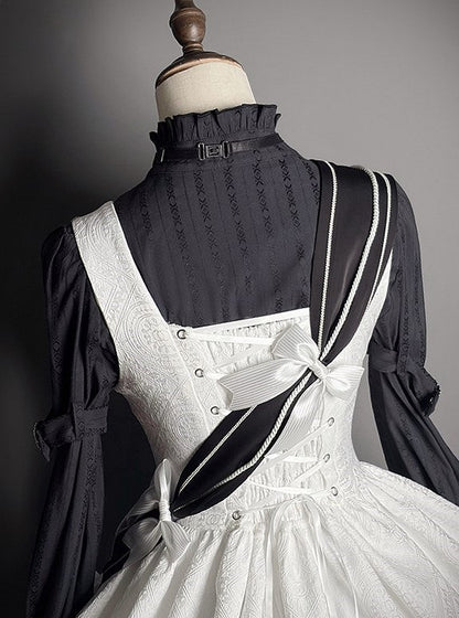 Sash White Motif Black Striped Bow Lolita and Embroidered Military with