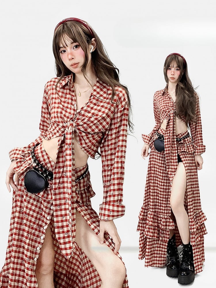 Muster Twist Oberschenkel-High High-Low Shirt Floral Slit + Rock Details Rot Print Plaid