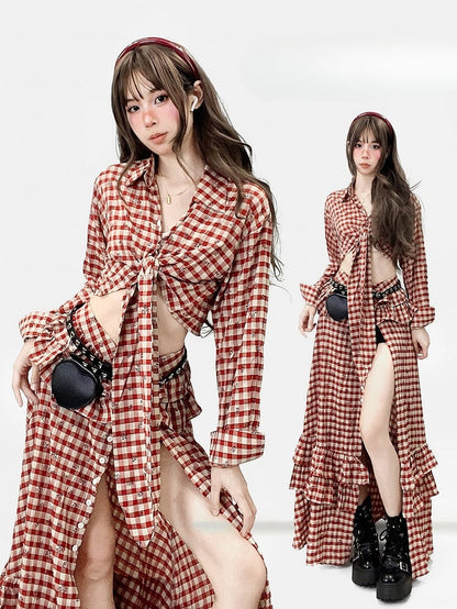 Pattern Twist Thigh-high High-low Shirt Floral Slit + Skirt Details Red Print Plaid