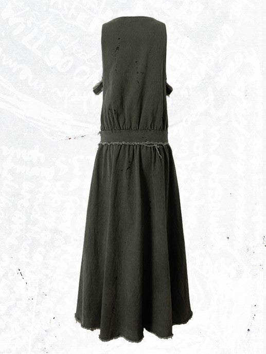 Metal A-Line Straps Punk Oversized Green Dress Edges Vest Eyelet Dark with Raw