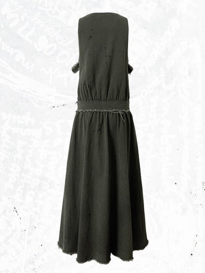 Metal A-Line Straps Punk Oversized Green Dress Edges Vest Eyelet Dark with Raw