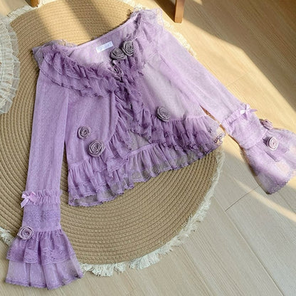Top Sleeves Long Sheer Tulle Purple Trimming Flounce Dotted