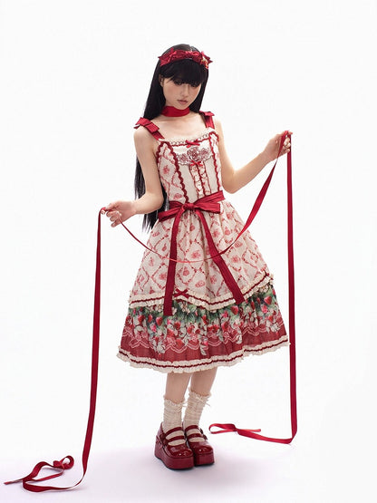 Strawberry Garden Red & White Floral Printed Lolita JSK Gown - Currant