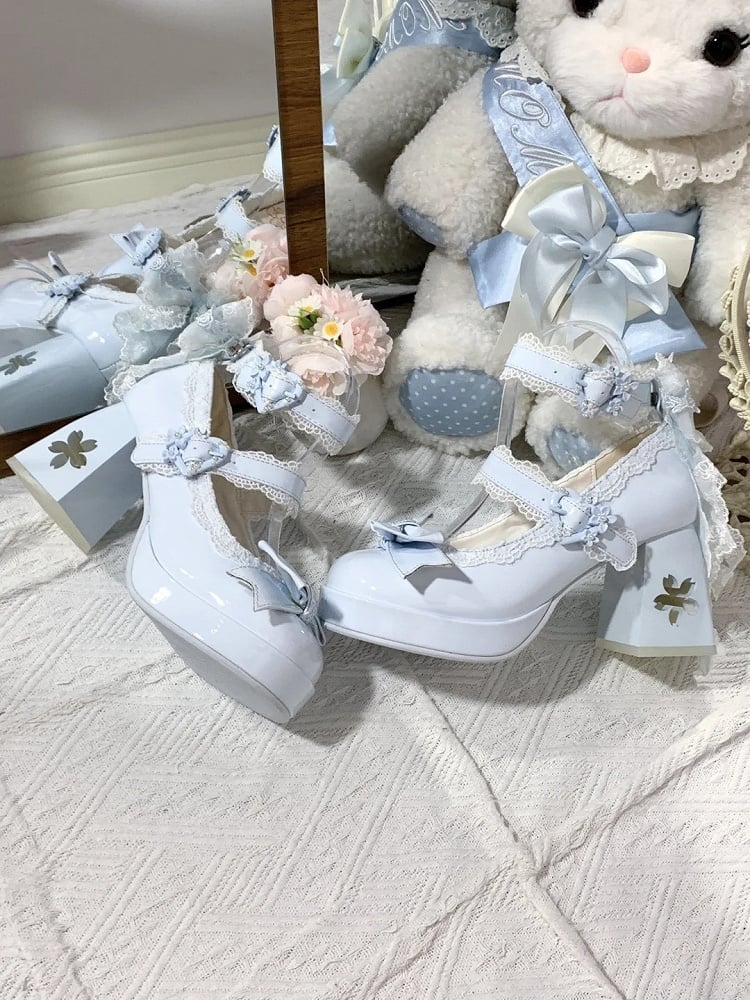 with Design Romantic Clasp in High Heels PU Openwork Lolita Sweet Floral Block Blue Heel