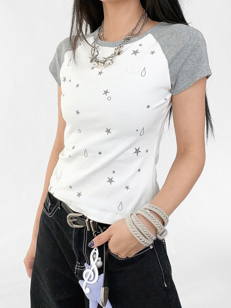 2-Color Colorblock Short Sleeve T-Shirt with Star and Teardrop Print - innomoood