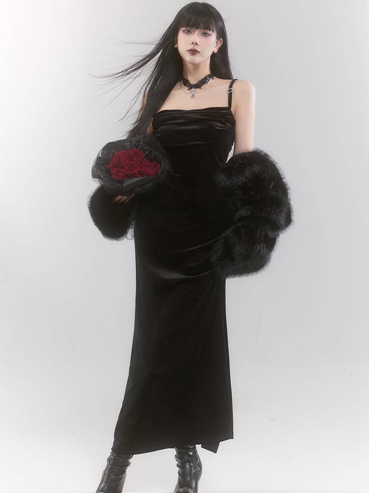 Black Velvet Side Slit Slip Dress