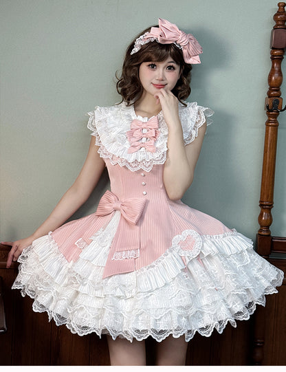 White Sleeveless Pink Dress Slim Striped Layered Neck Fabric Lolita Ruffle Sweet Waist Fit