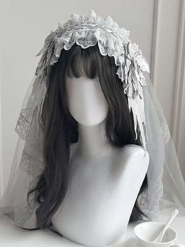 Silver Detachable Lace with Veil and Hairband Hairclip