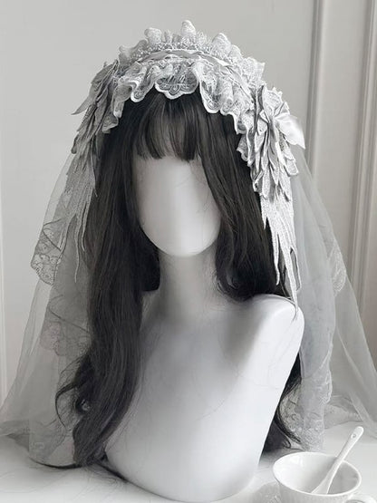 Silver Detachable Lace with Veil and Hairband Hairclip