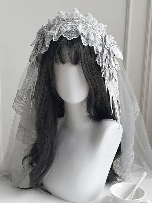 Silver Detachable Lace with Veil and Hairband Hairclip